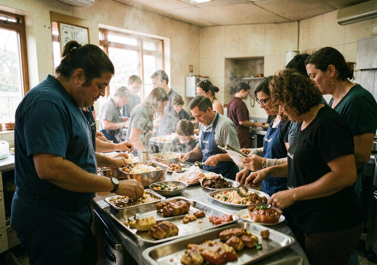 Volunteers preparing meals in a community kitchen