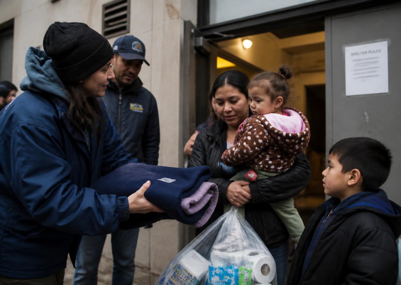 A community worker handing out supplies in a low-income neighbourhood